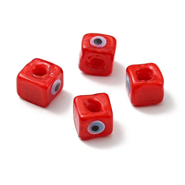 

PandaHall Handmade Evil Eye Lampwork European Beads, Large Hole Beads, Cube, Red, 8~9x9~10x9~10mm, Hole: 4.3mm Lampwork Cube Red