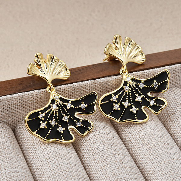 

PandaHall Ginkgo Leaf Brass Pave Clear Cubic Zirconia Stud Dangle Stud Earrings for Women, Real 14K Gold Plated, with Enamel, Black, 29x24mm...