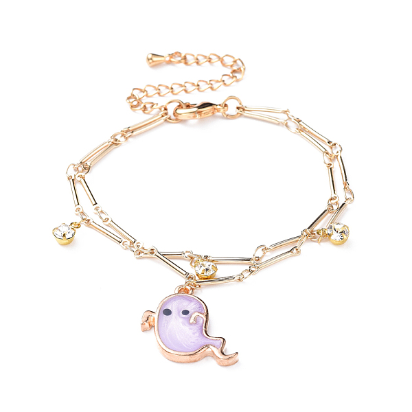 

PandaHall Brass Multi-strand Charm Bracelets, with Alloy Enamel Pendants and Brass Rhinestone Findings, Halloween Ghost, Real 18K Gold..., Purple