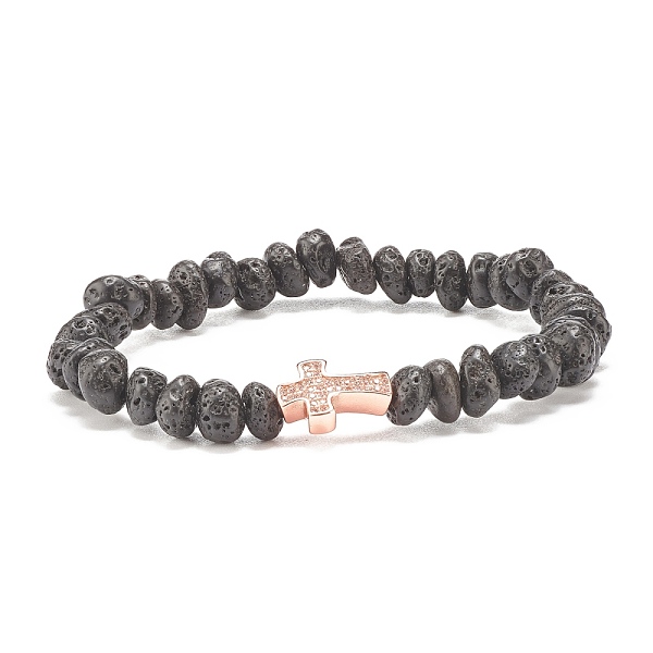 

PandaHall Natural Lava Rock Beaded Stretch Bracelet, Brass Cross Bracelet with Clear Cubic Zirconia for Women, Rose Gold, Inner Diameter: 2...