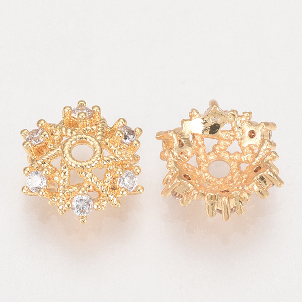 

PandaHall Brass Fancy Bead Caps, with Cubic Zirconia, Nickel Free, Real 18K Gold Plated, Flower, Golden, 9.5x8.5x3mm, Hole: 1.5mm..., Clear