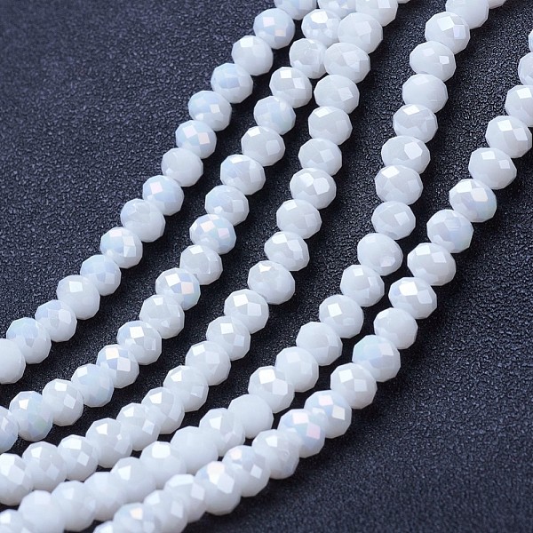 

PandaHall Electroplate Glass Beads Strands, Opaque Solid Color, AB Color Plated, Faceted, Rondelle, White, 4x3mm, Hole: 0.4mm, about...