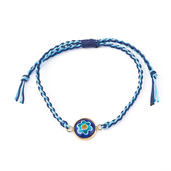 

PandaHall Adjustable Two Tone Nylon Thread Braided Bead Bracelets, with Millefiori Glass Links, Flat Round with Flower, Golden, Light Sky...
