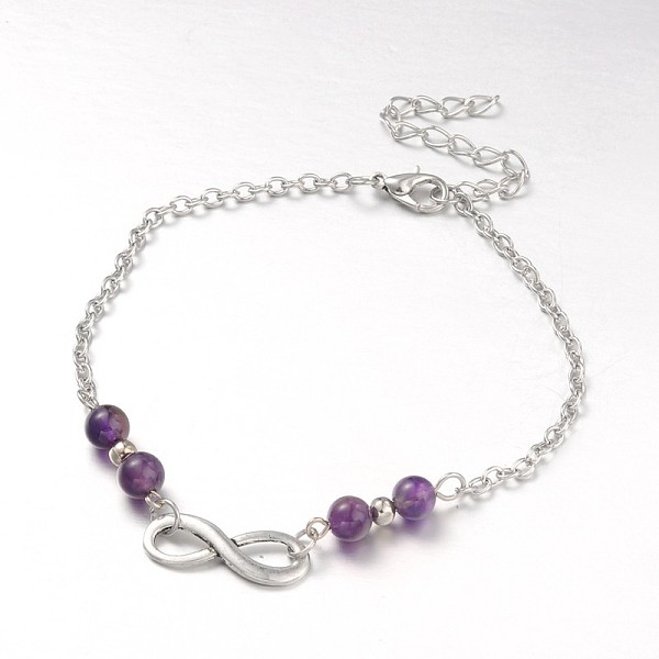 

PandaHall Fashion Tibetan Style Alloy Infinity Anklets, with Amethyst Beads, Zinc Alloy Lobster Claw Clasps and Iron Chains, Antique Silver...
