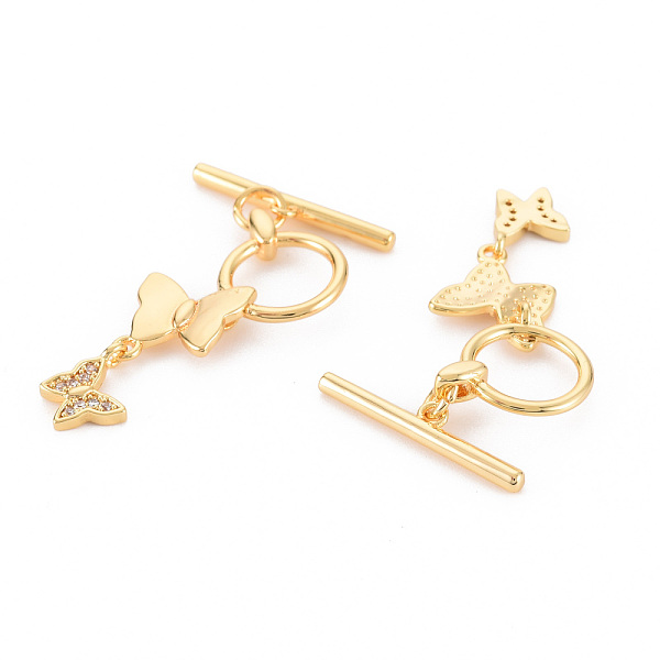 

PandaHall Brass Micro Pave Clear Cubic Zirconia Toggle Clasps, Nickel Free, Butterfly & Bar, Real 18K Gold Plated, Butterfly...