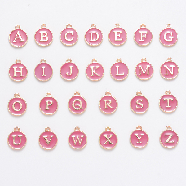

PandaHall Initial Letter A~Z Alphabet Enamel Charms, Flat Round Disc Double Sided Charms, Flamingo, 14x12x2mm, Hole: 1.5mm, 26pcs/set..., Pink
