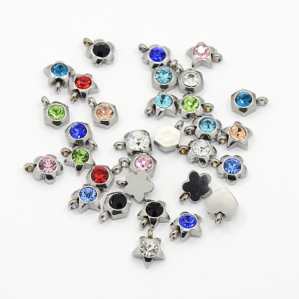 PandaHall 201 Stainless Steel Rhinestone Charm Pendants, Grade A, Faceted, Mixed, Mixed Color, 9x6~8x3~4mm, Hole: 1mm Stainless...