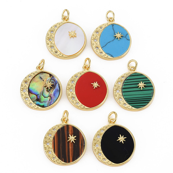 

PandaHall Brass Micro Pave Clear Cubic Zirconia Pendants, with Shell & Synthetic Stone & Acrylic and Jump Ring, Real 16K Gold Plated, Flat..., Multicolor