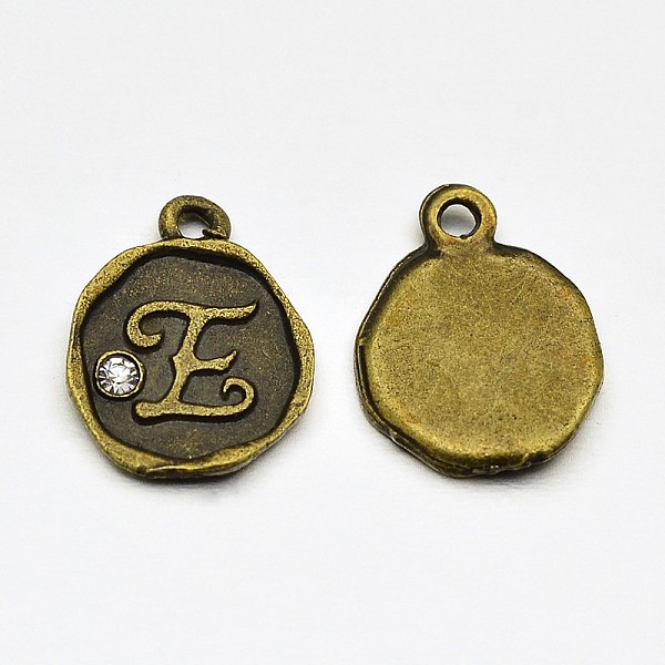 

PandaHall Antique Bronze Plated Alloy Rhinestone Charms, Flat Round with Letter.E, Nickel Free, 13x10x1.5mm, Hole: 1mm Alloy+Rhinestone..., Clear