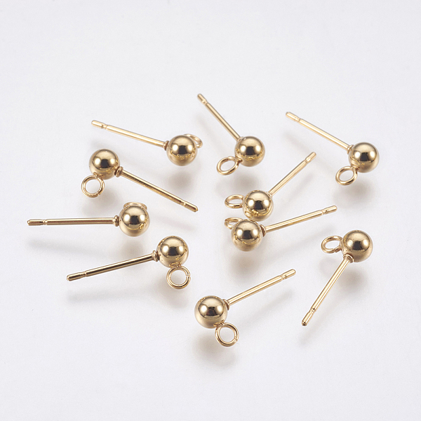 

PandaHall 304 Stainless Steel Stud Earring Findings, with Loop, Round, Real 24K Gold Plated, 15x6mm, Hole: 1.5mm, Ball: 3mm, Pin: 0.8mm 304...