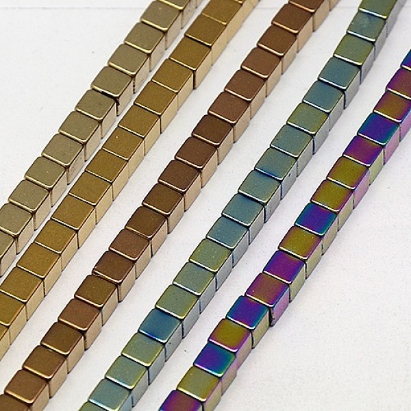 

PandaHall Electroplate Non-magnetic Synthetic Hematite Beads Strands, Cube, Grade A, Mixed Color, 4x4x4mm, Hole: 1mm, about 91pcs/strand, 16...