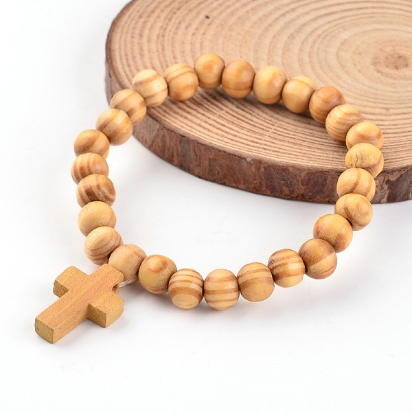 

PandaHall Cross Wood Beaded Stretch Charm Bracelets, BurlyWood, 2-1/8 inch(5.5cm) Wood Orange