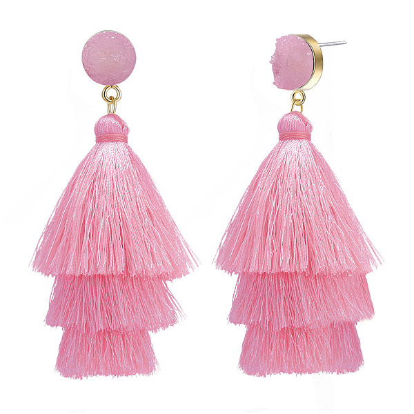 

PandaHall SHEGRACE Brass Stud Earrings, Dangle Earrings, with Resin and Tassel Pendants, Pearl Pink, 88mm Resin Pink