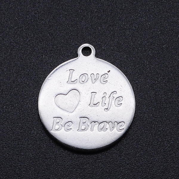 

PandaHall 201 Stainless Steel Pendants, Flat Round with Word Love Life Be Brave, Stainless Steel Color, 18x16x1mm, Hole: 1.5mm 201 Stainless...