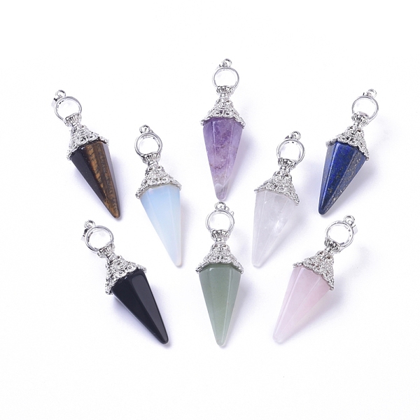 

PandaHall Natural & Synthetic Mixed Gemstone Pendants, Cone Pendulum Pendants, with Platinum Tone Brass Findings, 57~60x17mm, Hole: 8x4mm...