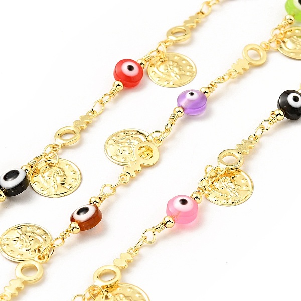 

PandaHall Glass Flat Round with Enamel Evil Eye Beaded Chains, with Real 18K Gold Plated Brass Coin Charms Chains Link Chain, Lead Free &...