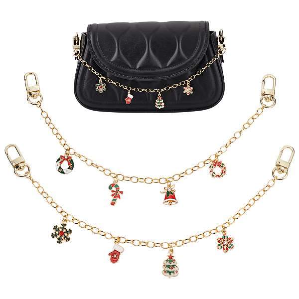 

PandaHall WADORN 2Pcs 2 Style Christmas Themed Brass Chain Bag Handles, with Swivel Clasps & Alloy Enamel Pendant, Bell/Tree, Mixed Patterns..., Multicolor