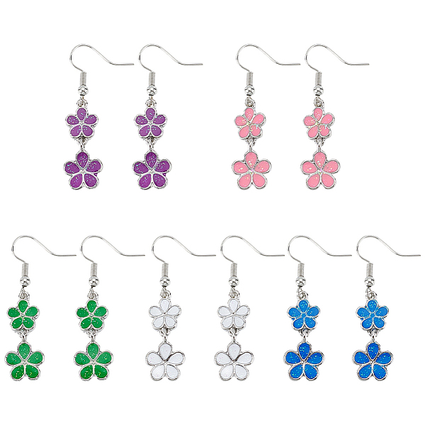 

PandaHall ANATTASOUL 5 Pairs 5 Colors Alloy Enamel Flower Dangle Earrings, Mixed Color, 41.5x12mm, 1 pair/color Alloy Flower Multicolor