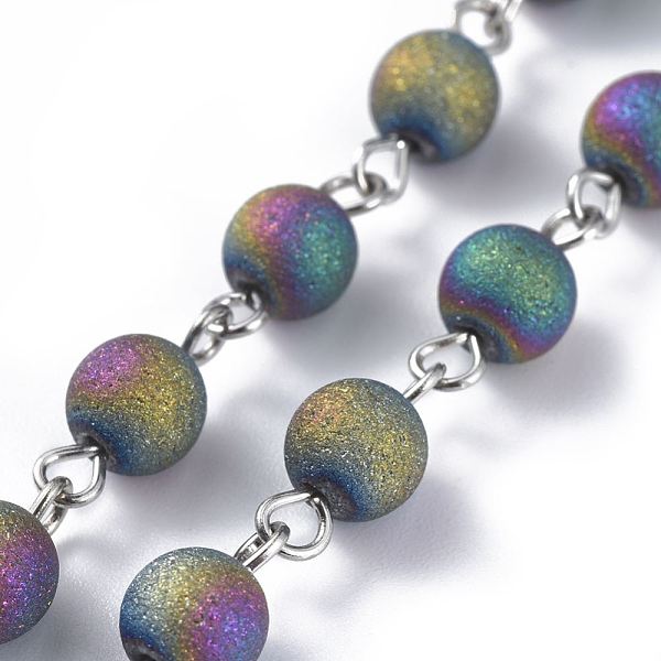 

PandaHall Handmade Electroplated Glass Beaded Chains, with Iron Eye Pin, Round, Unwelded, Platinum, Colorful, 39.37 inch(100cm), Link...