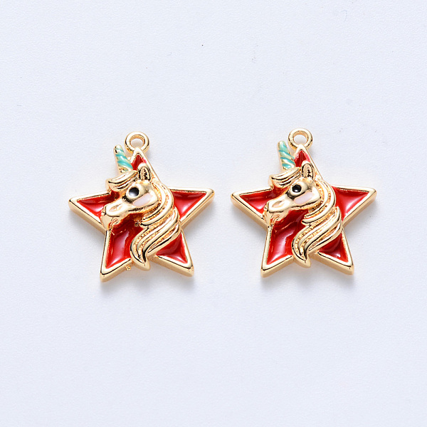

PandaHall Brass Enamel Pendants, Nickel Free, Star with Unicorn, Real 18K Gold Plated, Red, 15.5x14x3.5mm, Hole: 1mm Brass+Enamel Star Red