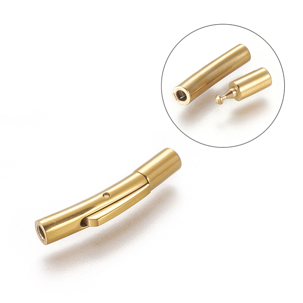 

PandaHall Frosted Column 304 Stainless Steel Bayonet Necklace Clasps, Ion Plating (IP), Golden, 25~25.5x4.5~5x4mm, Hole: 1.8~2mm 304...