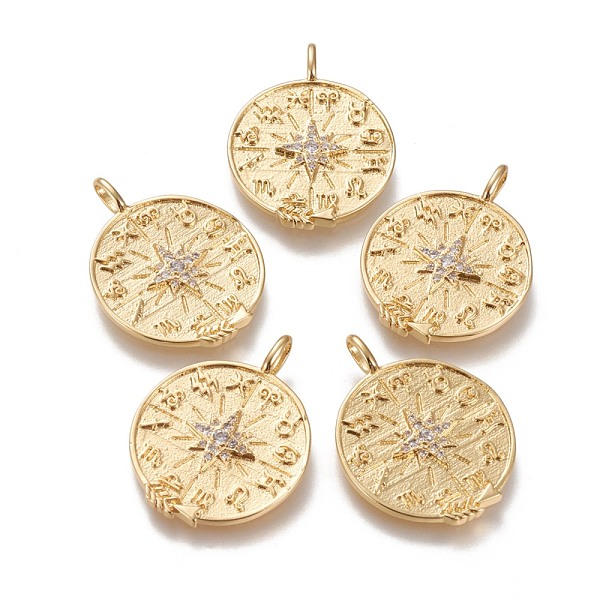

PandaHall Brass Micro Pave Clear Cubic Zirconia Pendants, Long-Lasting Plated, Flat Round with Constellation Compass, Real 18K Gold Plated...