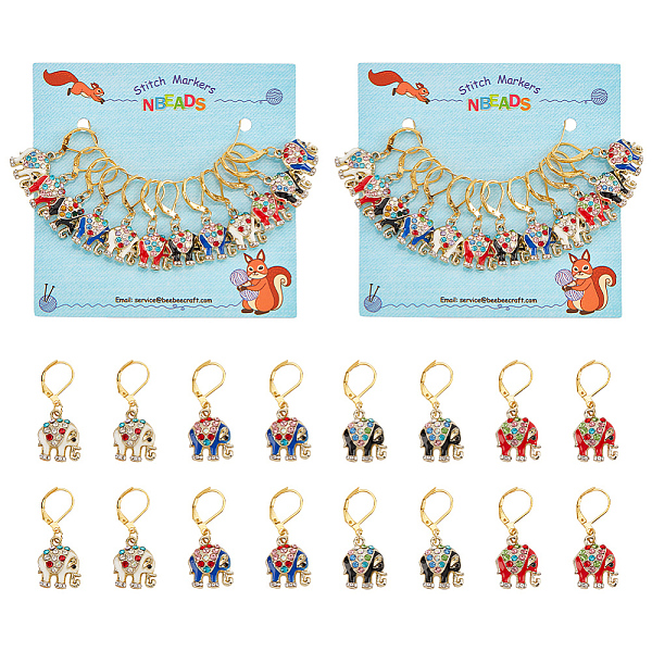 

PandaHall 12Pcs 4 Colors Alloy Rhinestone Enamel Elephant Charms Locking Stitch Markers, with Gold Tone Brass Leverback Earring Findings..., Multicolor