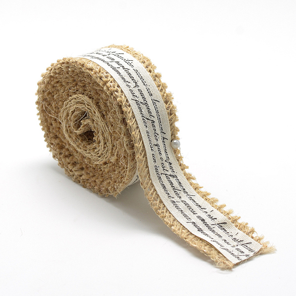 

PandaHall Burlap Ribbon, Hessian Ribbon, Jute Ribbon, with Cotton Ribbons, for Jewelry Making, Word Pattern, Tan, 1-1/8 inch(27~28mm), about..., Orange