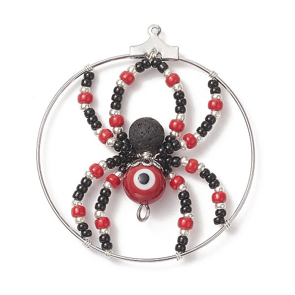 

PandaHall Brass Pendants, with Glass Seed & Evil Eye Lampwork & Natural Lava Rock Beads, Ring with Spider Charms, Red, 44~48x40~43x8mm, Hole...