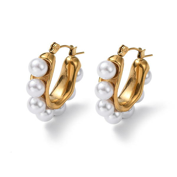 

PandaHall 304 Stainless Steel Hoop Earrings, with Plastic Pearl, Golden, 26x7.5x25mm 304 Stainless Steel Ring White