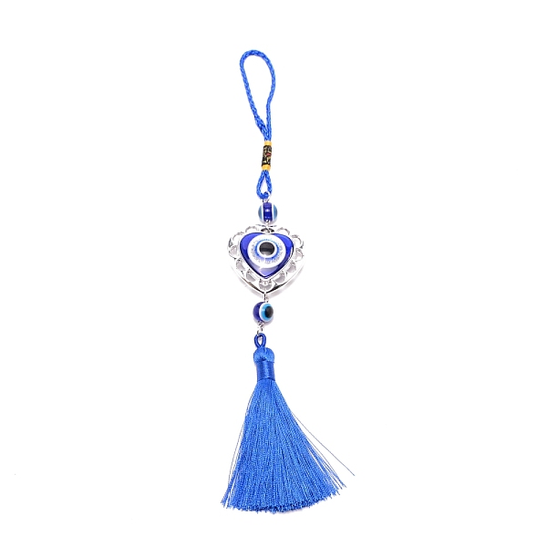 

PandaHall Alloy & Glass Pendant Decorations, Heart & Round Beads with Evil Eyes, Tassels Hanging Ornaments, Royal Blue, 258mm Alloy Evil Eye