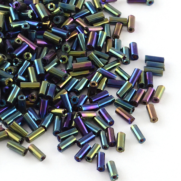 

PandaHall Plated Glass Bugle Beads, Iris, Green Plated, 4~4.5x2mm, Hole: 1mm, about 450g/bag, 14000pcs/bag Glass