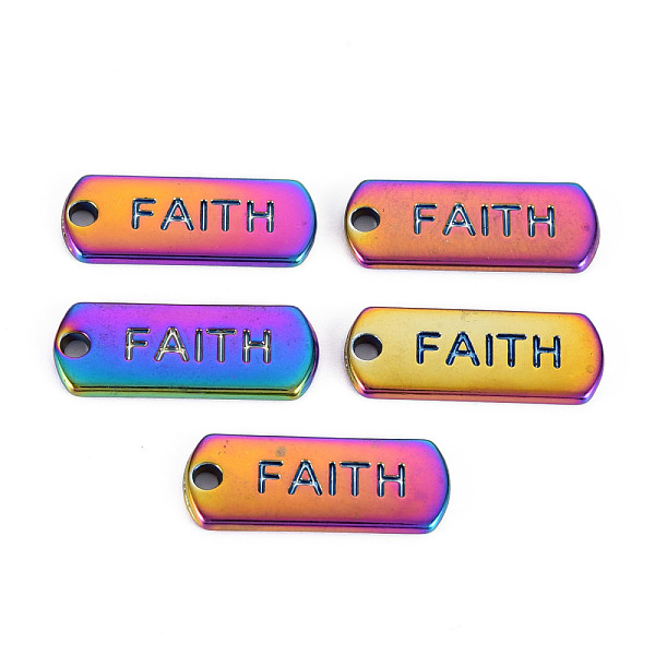 

PandaHall Rainbow Color Alloy Charms, Cadmium Free & Nickel Free & Lead Free, Oval with Faith, 21x8x1.5mm, Hole: 1.8mm Alloy Oval