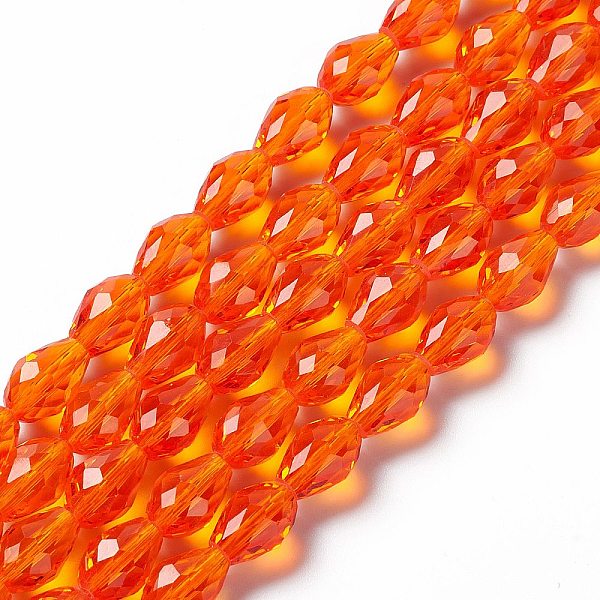 

PandaHall Glass Beads Strands, Faceted, Drop, Dark Orange, 11x8mm, Hole: 1mm, about 57~59pcs/strand, 26.38~26.77 inch Glass Teardrop Red