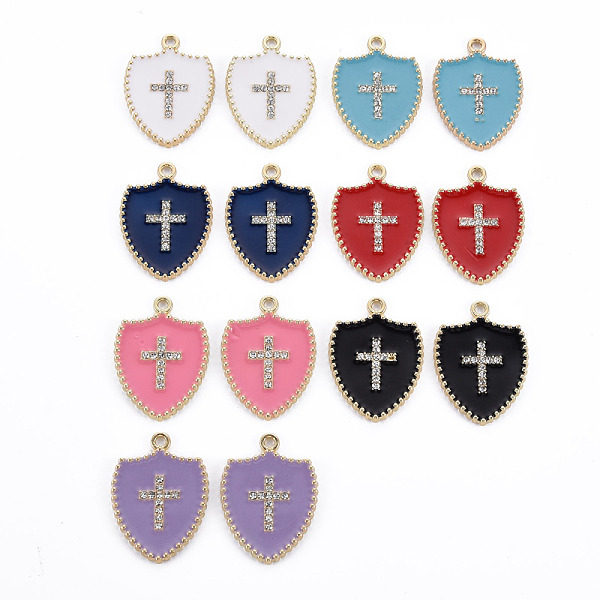 

PandaHall Rack Plating Alloy Enamel Pendants, with Crystal Rhinestone, Cadmium Free & Nickel Free & Lead Free, Shield with Cross, Light Gold..., Multicolor