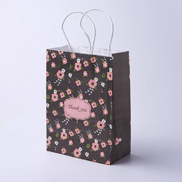 PandaHall kraft Paper Bags, with Handles, Gift Bags, Shopping Bags, Rectangle, Flower Pattern, Black, 33x26x12cm Paper Flower Black