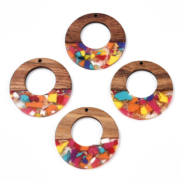 

PandaHall Transparent Resin & Walnut Wood Pendants, with Gold Foil, Donut Charms, Colorful, 38x3mm, Hole: 2mm Resin+Wood Donut