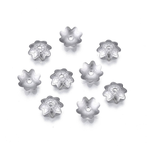 pandahall 304 stainless steel bead caps, multi-petal, flower, stainless steel color, 6.5x6x10x1.5mm, hole: 1mm 304 stainless steel