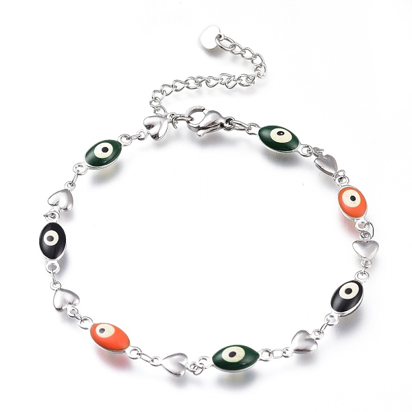 

PandaHall 304 Stainless Steel Link Bracelets, with Enamel and Lobster Claw Clasps, Evil Eye & Heart, Stainless Steel Color, Colorful, 8-1/4...