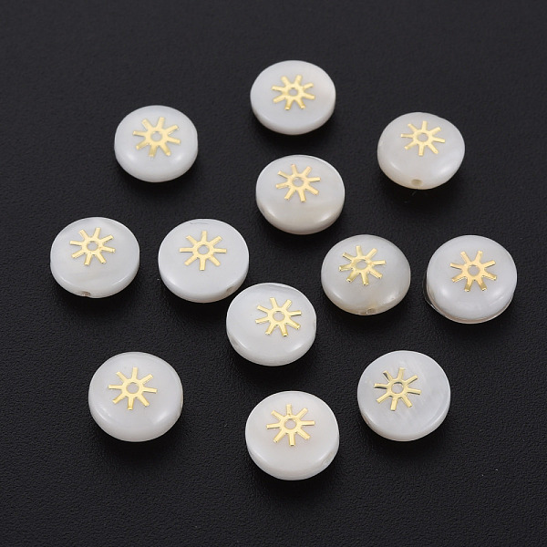 

PandaHall Natural Freshwater Shell Beads, with Golden Plated Brass Metal Embellishments, Flat Round with Sun, Seashell Color, 8x4.5mm, Hole...
