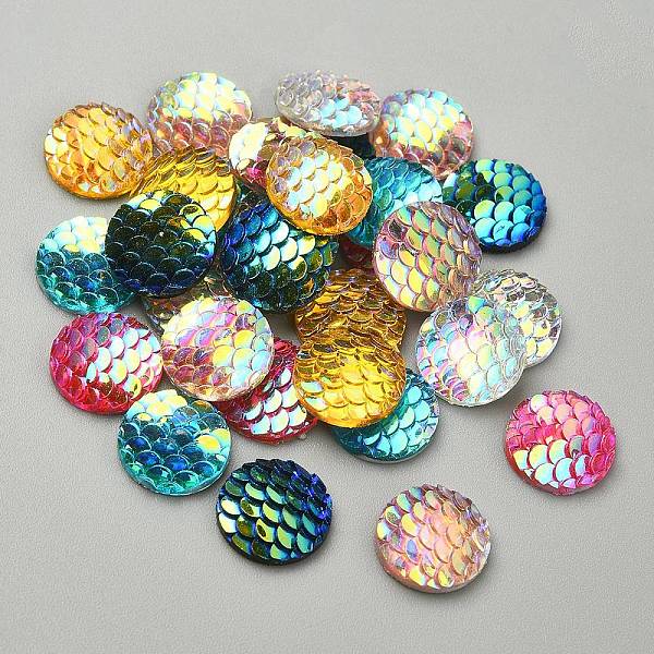 PandaHall 30Pcs 6 Colors Resin Cabochons, AB-Color, Flat Round with Mermaid Fish Scale, Mixed Color, 12x3mm, 5pcs/color Resin Flat Round...