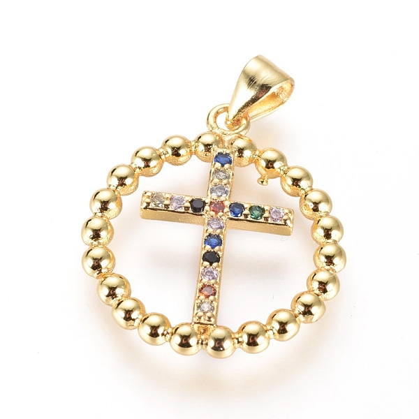 

PandaHall Brass Micro Pave Cubic Zirconia Pendants, Long-Lasting Plated, Flat Round with Cross, Colorful, Golden, 24x21x3mm, Hole: 5x3mm...