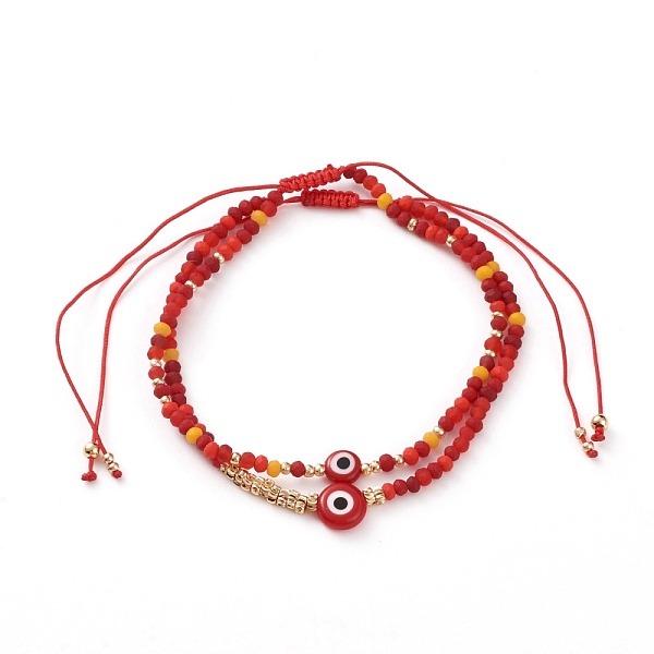 

PandaHall Adjustable Nylon Cord Braided Bead Bracelets Sets, with Evil Eye Lampwork Beads, FGB Glass Seed Beads, Frosted Glass Beads and..., Red