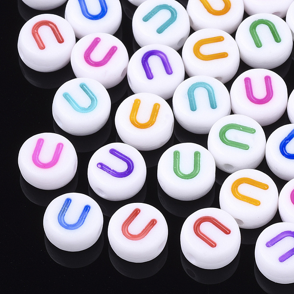 

PandaHall Initial Acrylic Beads, Horizontal Hole, Flat Round, Mixed Color, Letter.U, 7x3.5~4mm, Hole: 1.2mm Acrylic Flat Round Multicolor
