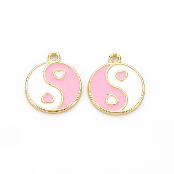 

PandaHall Rack Plating Alloy Enamel Charms, Cadmium Free & Lead Free, Light Gold, Flat Round with Yin Yang, Pink, 13.5x11.5x1mm, Hole: 1.2mm...