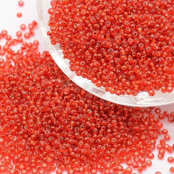 

PandaHall 6/0 Transparent Glass Round Seed Beads, Grade A, Silver Lined, Red, 3.6~4.0mm, Hole: 1.2mm, about 500pcs/50g Glass Red