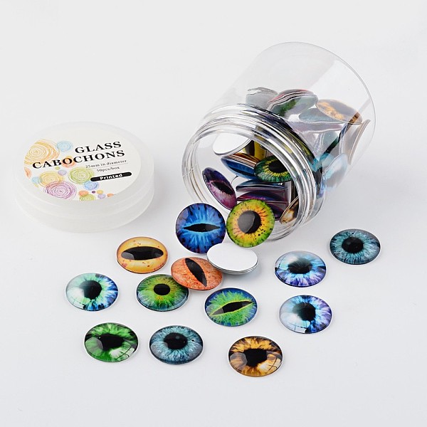 

PandaHall Glass Cabochons, Dragon Eye Printed, Flatback Half Round/Dome, Mixed Color, 25x7mm, about 50pcs/box Glass Half Round Multicolor