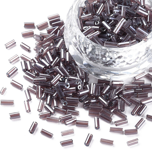 

PandaHall Transparent Colours Luster Glass Bugle Beads, Round Hole, Rosy Brown, 3~8x2mm, Hole: 0.7mm, about 450g/pound Glass