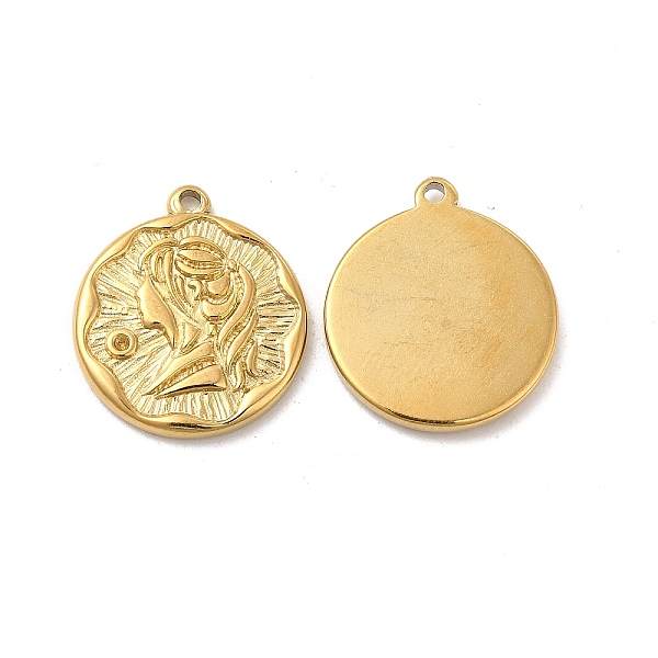 

PandaHall Ion Plating(IP) 304 Stainless Steel Pendants, Flat Round with Girl Charm, Real 18K Gold Plated, 18x16x2mm, Hole: 1.4mm 304...