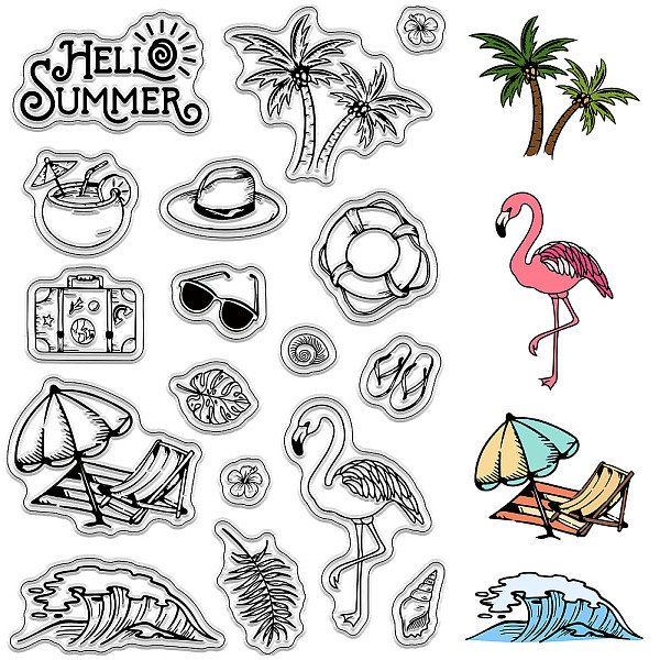

PandaHall CRASPIRE Summer Vacation Clear Stamps Hawaiian Tropical Coconut Tree Beach Flamingo Reusable Retro Transparent Silicone Stamp...